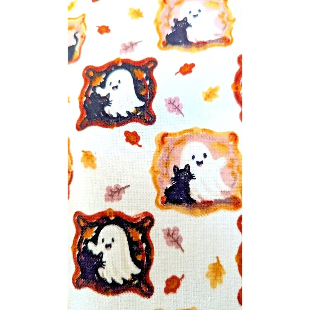 Trick or Treat Ghost and Black Cat Halloween Portraits Fall Leaves Cotton 2-pc